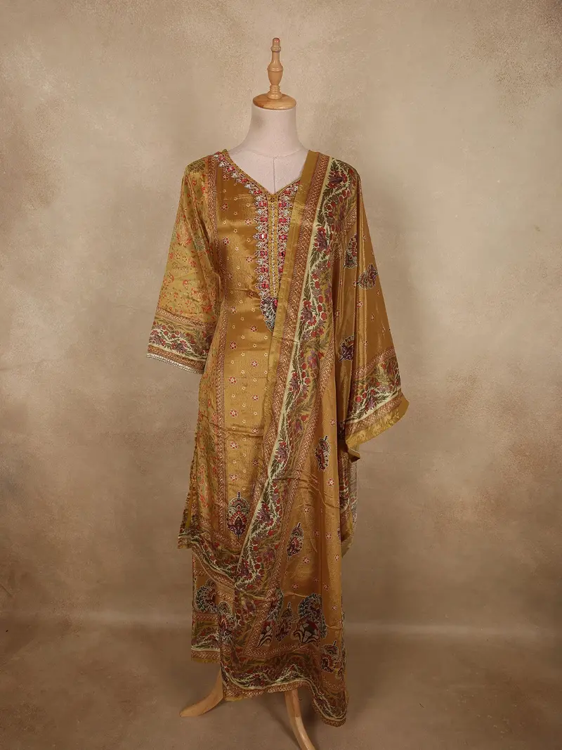 Warm Mustard Gold Floral Printed Designed Crepe Salwar Suit With Dupatta 1
