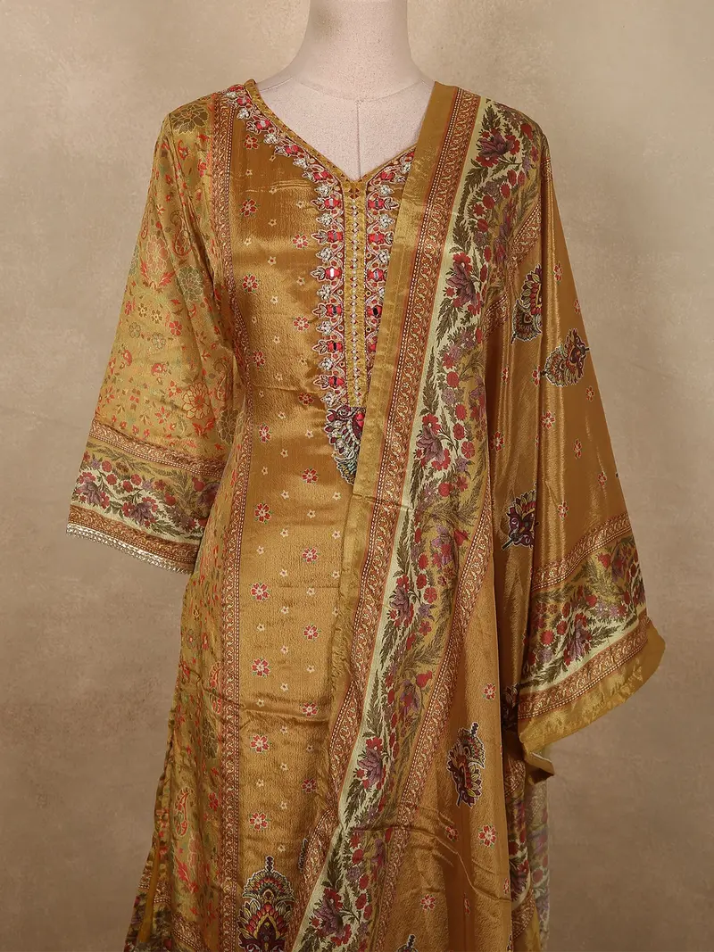 Warm Mustard Gold Floral Printed Designed Crepe Salwar Suit With Dupatta 2