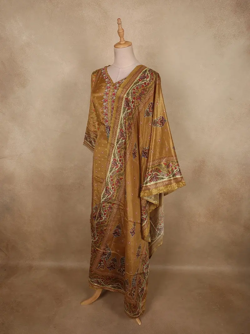 Warm Mustard Gold Floral Printed Designed Crepe Salwar Suit With Dupatta 3