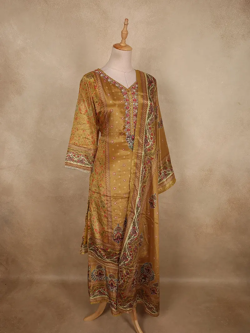Warm Mustard Gold Floral Printed Designed Crepe Salwar Suit With Dupatta 4