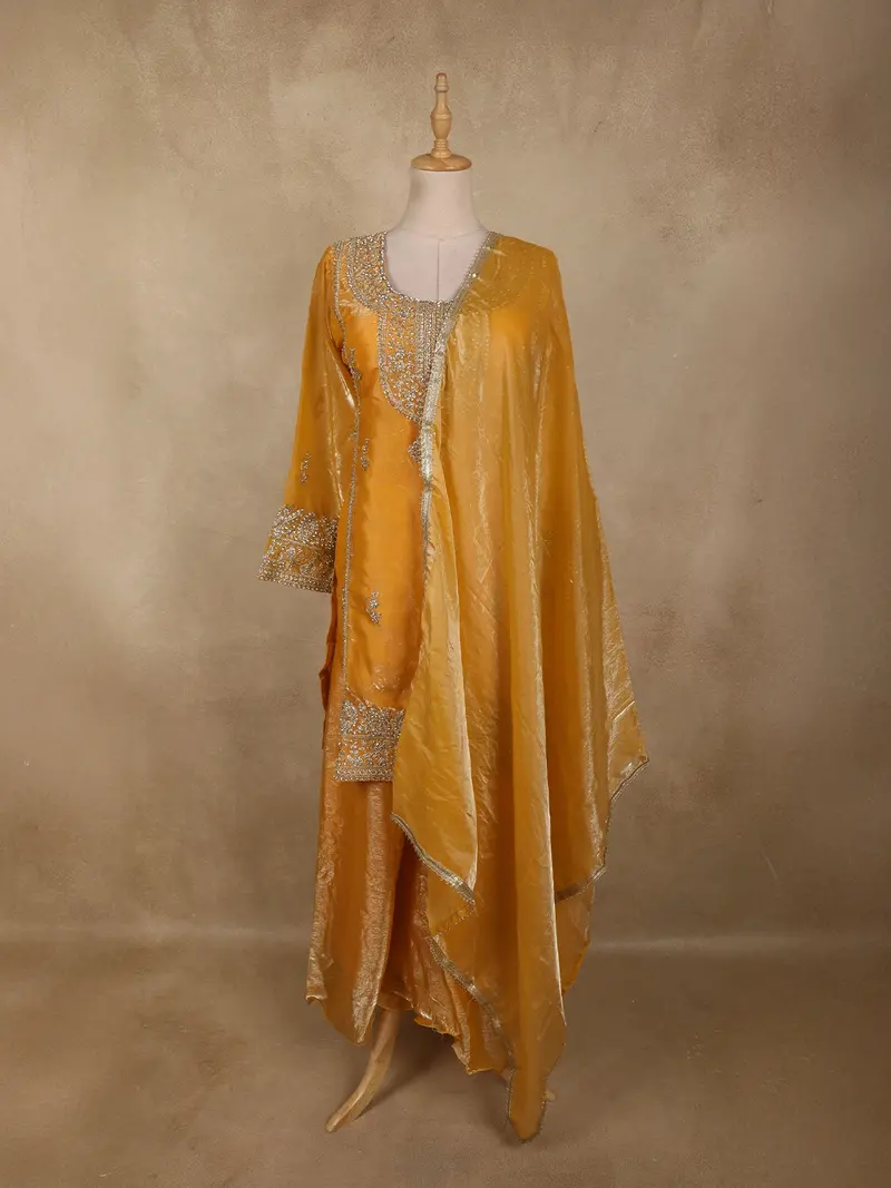 Warm Mustard Gold Floral Stone Embellished Design Organza Palazzo Suit With Dupatta 1