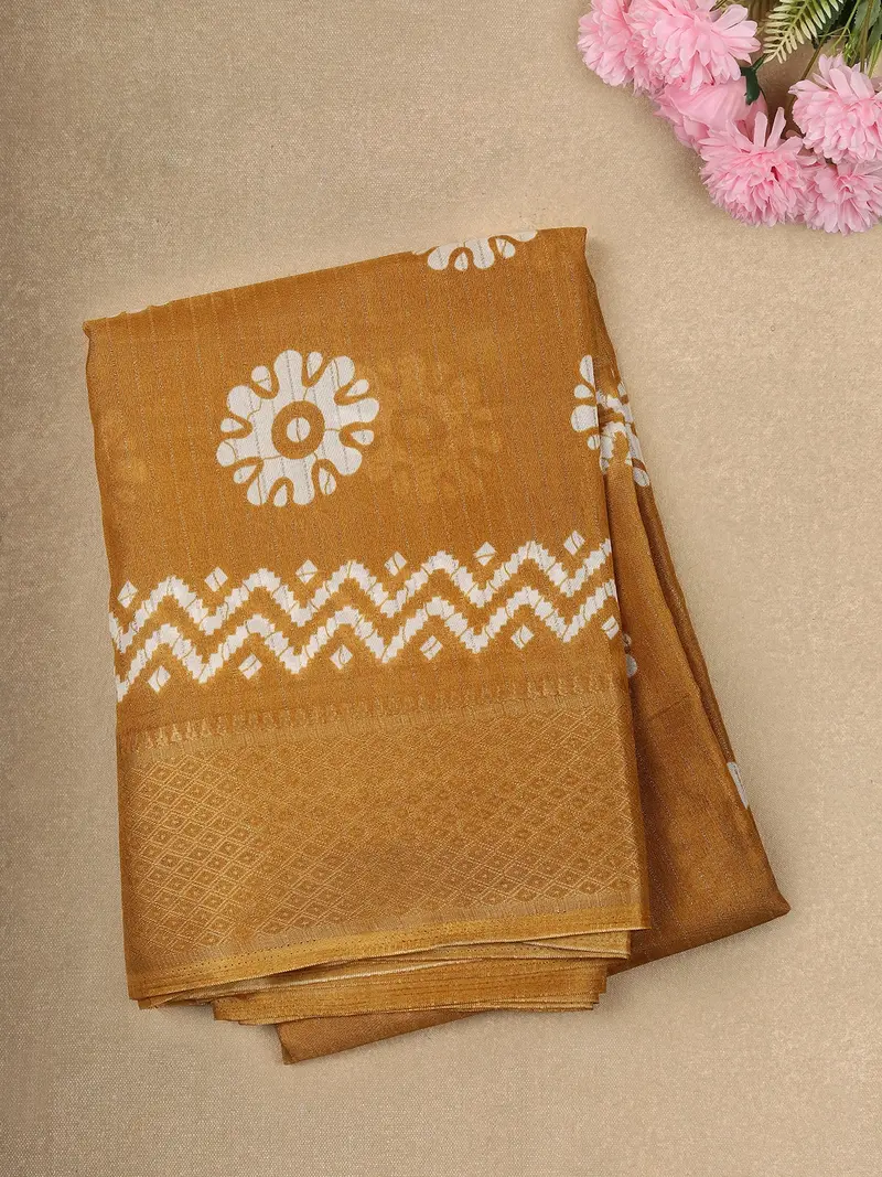 Warm Mustard Ochre Yellow Circular Floral Motif Printed Design Mixed Cotton Saree With Zari Border 1