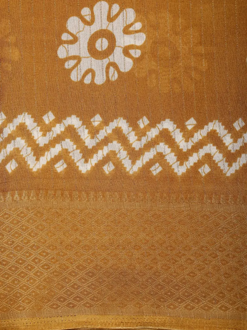 Warm Mustard Ochre Yellow Circular Floral Motif Printed Design Mixed Cotton Saree With Zari Border 2