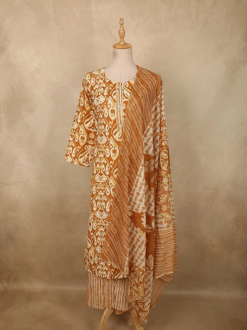 Warm Mustard Yellow Abstract Printed Design Cotton Straight Cut Salwar Suit With Dupatta 1