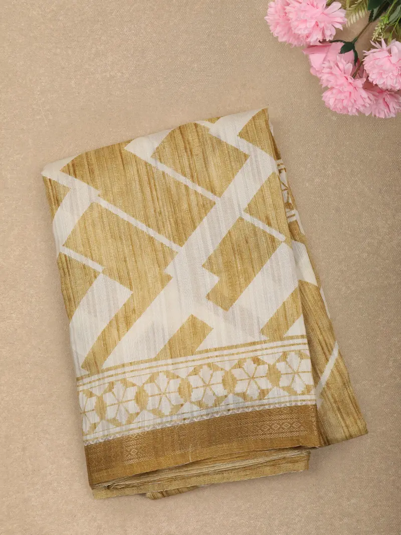 Warm Mustard Yellow Abstract Printed Design Mixed Cotton Saree 1