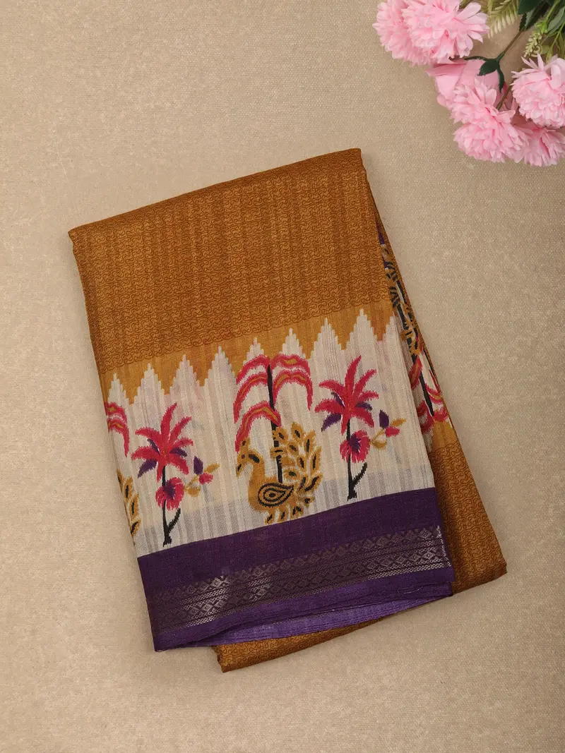 Warm Mustard Yellow Abstract Printed Design Mixed Cotton Saree With Peacock And Palm Tree Motif Border 1