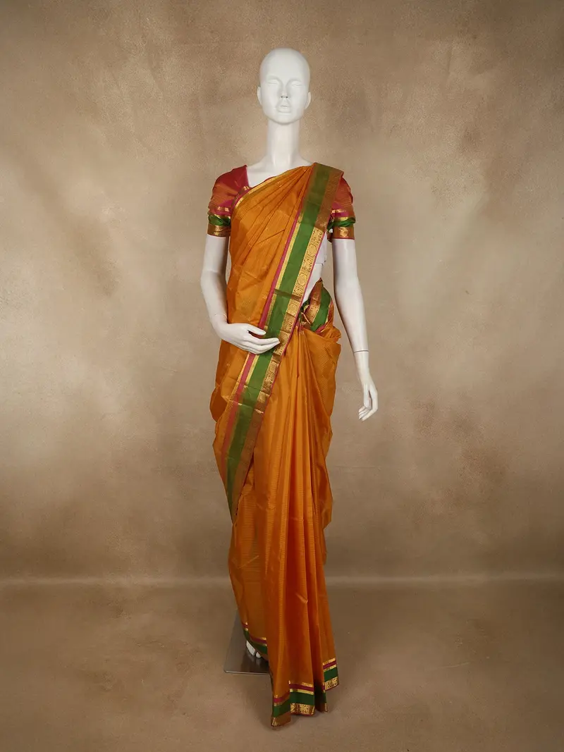 Warm Mustard Yellow Butta Woven Design Kanchipuram Silk Saree With Contrast Zari Border 1
