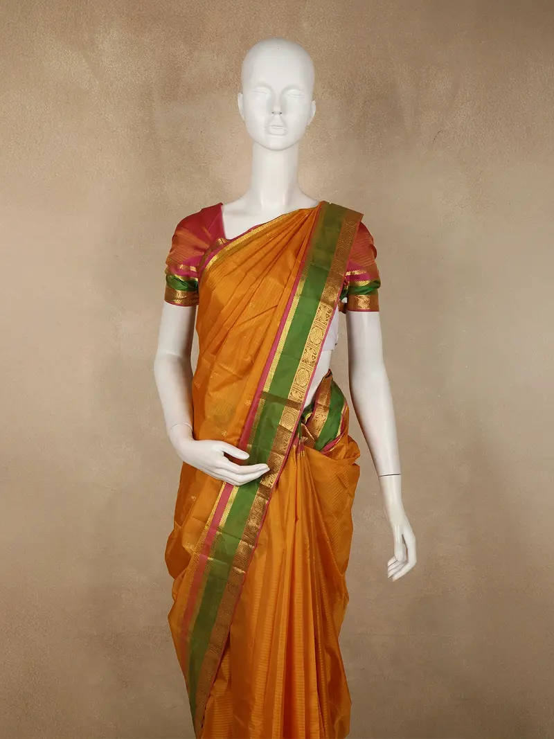 Warm Mustard Yellow Butta Woven Design Kanchipuram Silk Saree With Contrast Zari Border 2