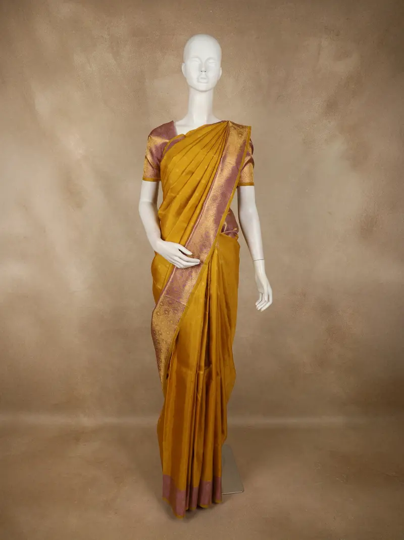 Warm Mustard Yellow Butta Woven Design Pure Kanchipuram Silk Saree With Contrast  Zari Border 1