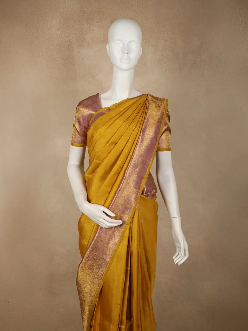 Warm Mustard Yellow Butta Woven Design Pure Kanchipuram Silk Saree With Contrast Zari Border 2