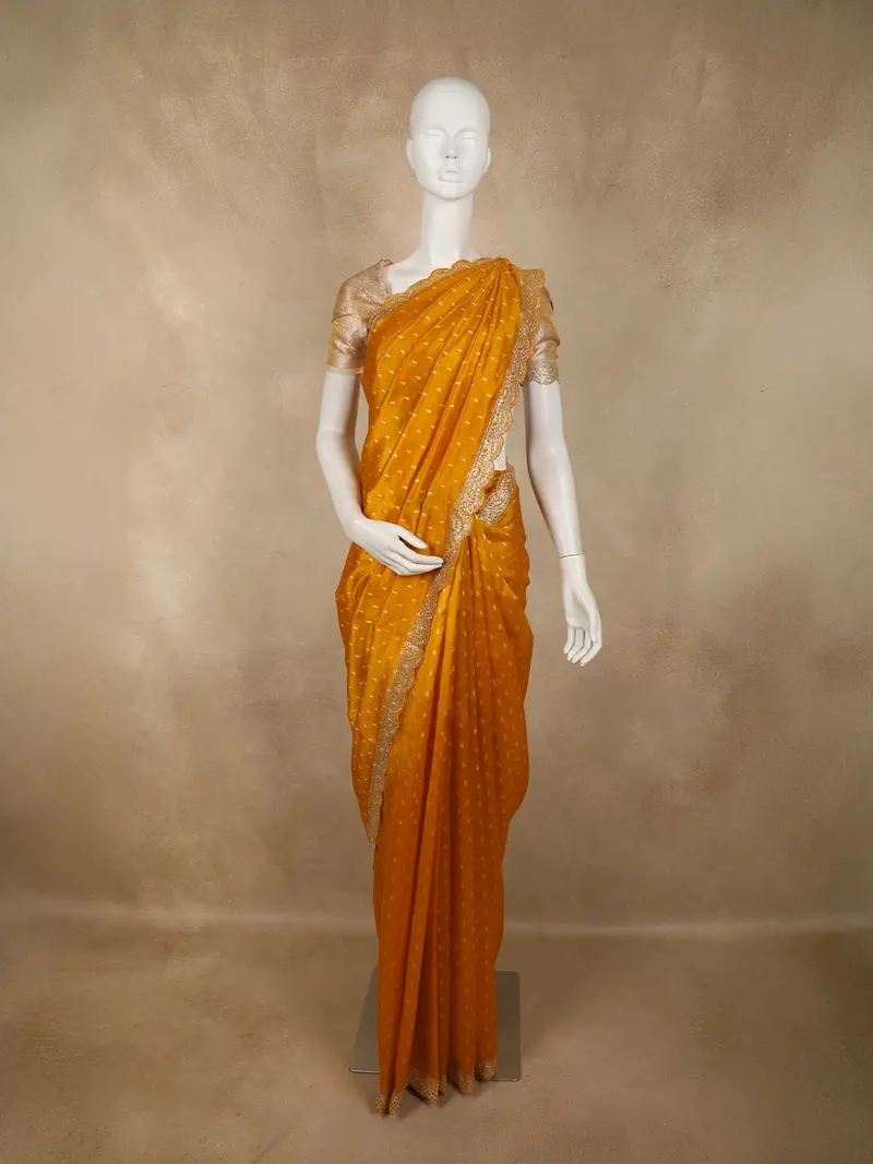Warm Mustard Yellow Butta Zari Woven Design Pure Banarasi Silk Saree With Scalloped Border 1