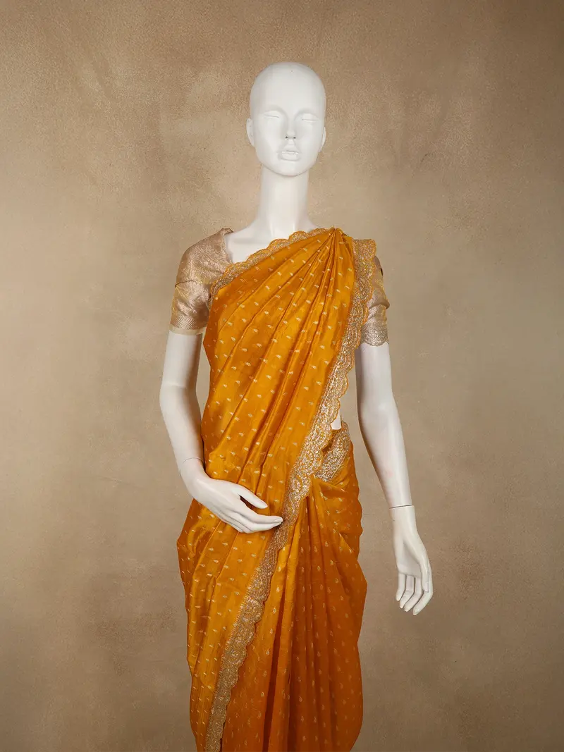 Warm Mustard Yellow Butta Zari Woven Design Pure Banarasi Silk Saree With Scalloped Border 2