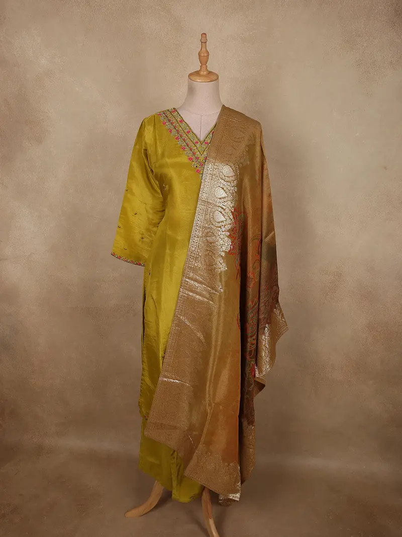 Warm Mustard Yellow Floral Beads Embroidered Design Tissue Silk Salwar Suit 1