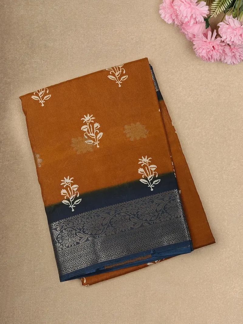 Warm Mustard Yellow Floral Butta Printed Design Mixed Cotton Saree With Contrast Zari Border 1