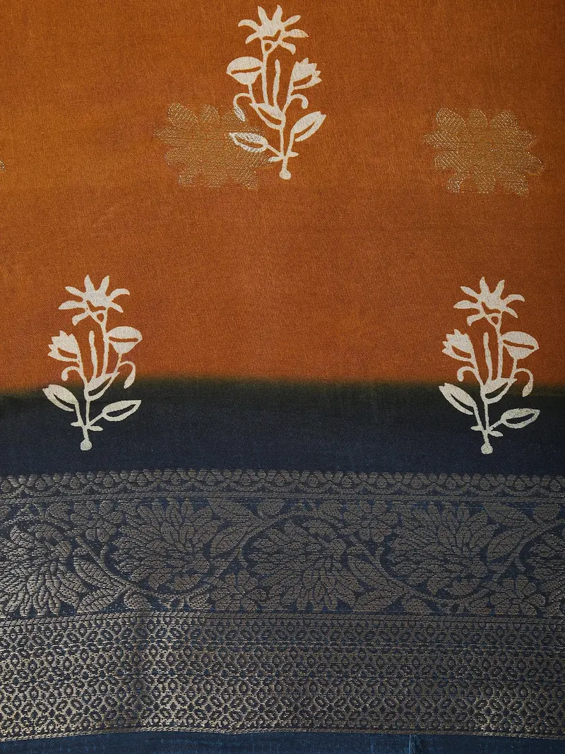 Warm Mustard Yellow Floral Butta Printed Design Mixed Cotton Saree With Contrast Zari Border 2