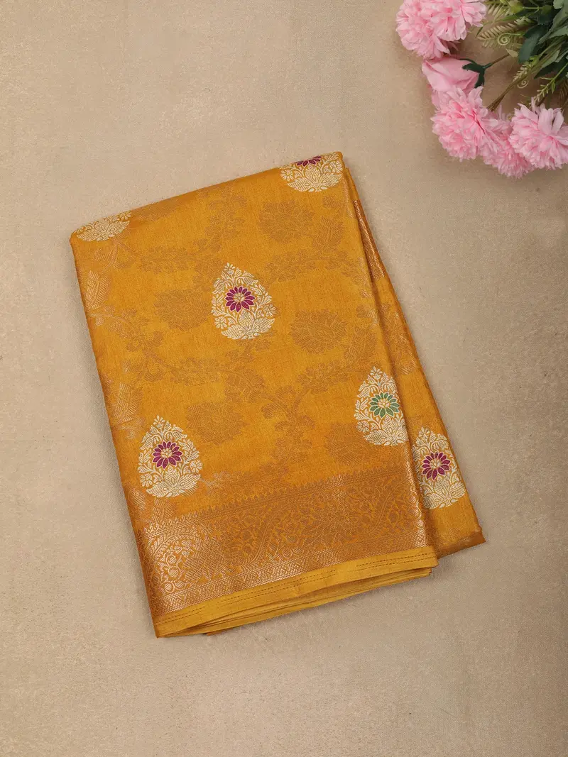 Warm Mustard Yellow Floral Butta Zari Woven Design Semi Silk Saree With Ornamental Border 1