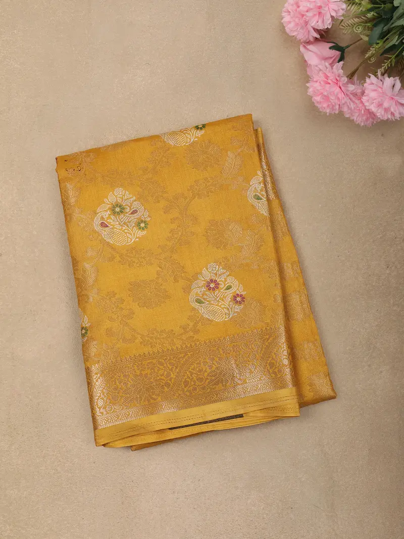 Warm Mustard Yellow Floral Butta Zari Woven Design Semi Silk Saree With Ornamental Border 1