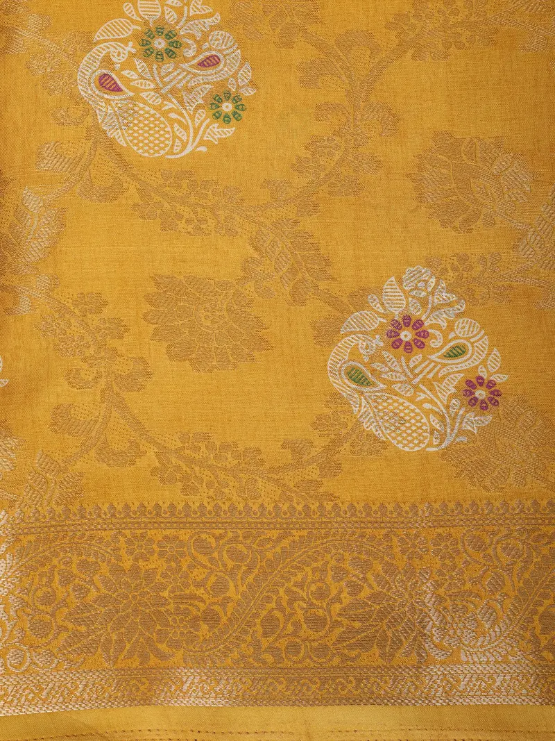 Warm Mustard Yellow Floral Butta Zari Woven Design Semi Silk Saree With Ornamental Border 2