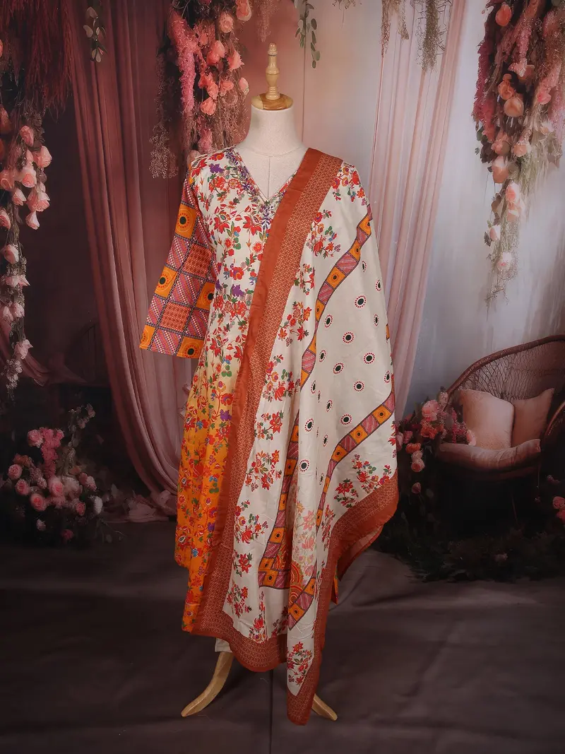 Warm Mustard Yellow Floral Printed Design Cotton Anarakai Salwar Suit 1