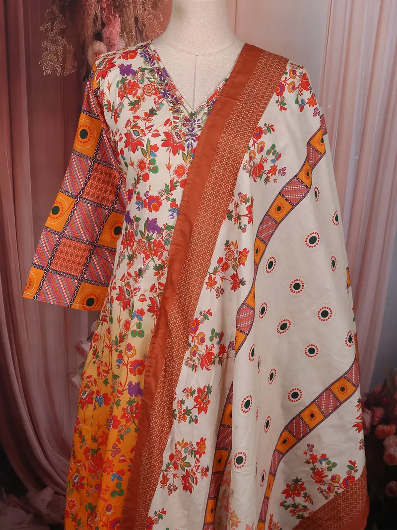 Warm Mustard Yellow Floral Printed Design Cotton Anarakai Salwar Suit 2