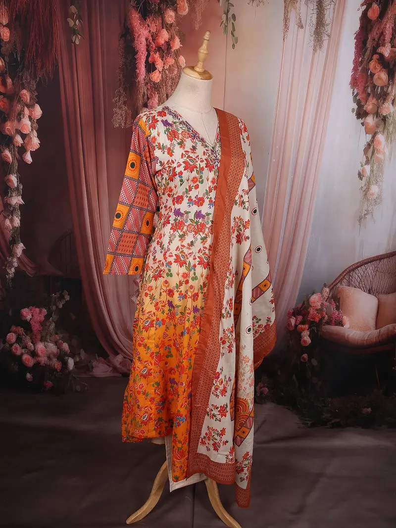 Warm Mustard Yellow Floral Printed Design Cotton Anarakai Salwar Suit 4