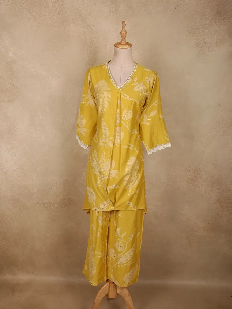 Warm Mustard Yellow Floral Printed Design Cotton Co-Ord Set 1