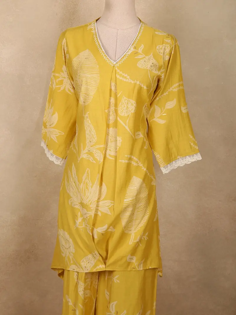 Warm Mustard Yellow Floral Printed Design Cotton Co-Ord Set 2