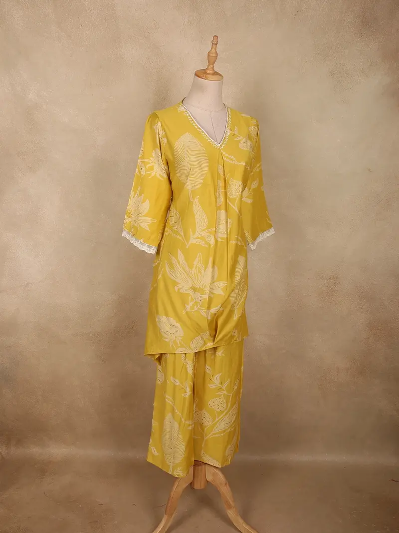 Warm Mustard Yellow Floral Printed Design Cotton Co-Ord Set 3