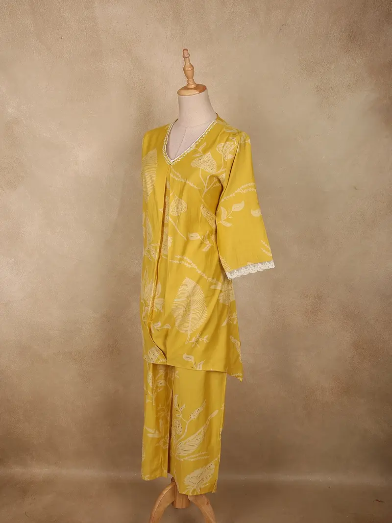 Warm Mustard Yellow Floral Printed Design Cotton Co-Ord Set 4