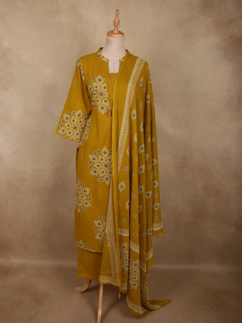Warm Mustard Yellow Floral Printed Design Cotton Salwar Suit With Dupatta 1