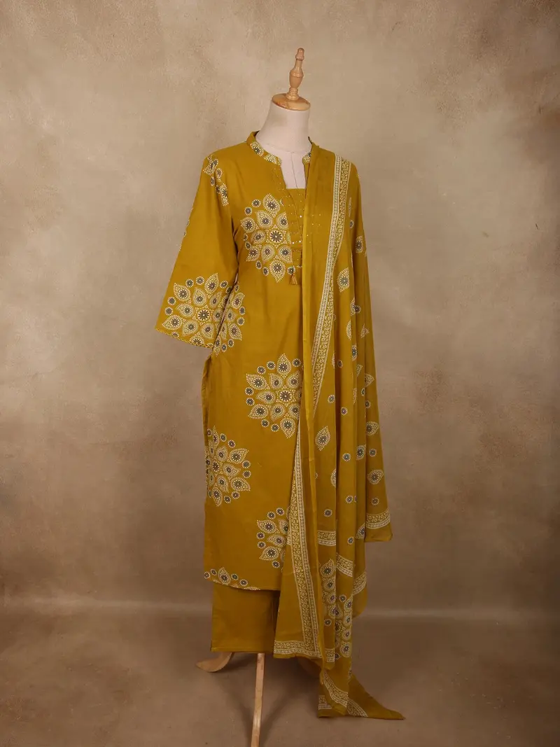 Warm Mustard Yellow Floral Printed Design Cotton Salwar Suit With Dupatta 2