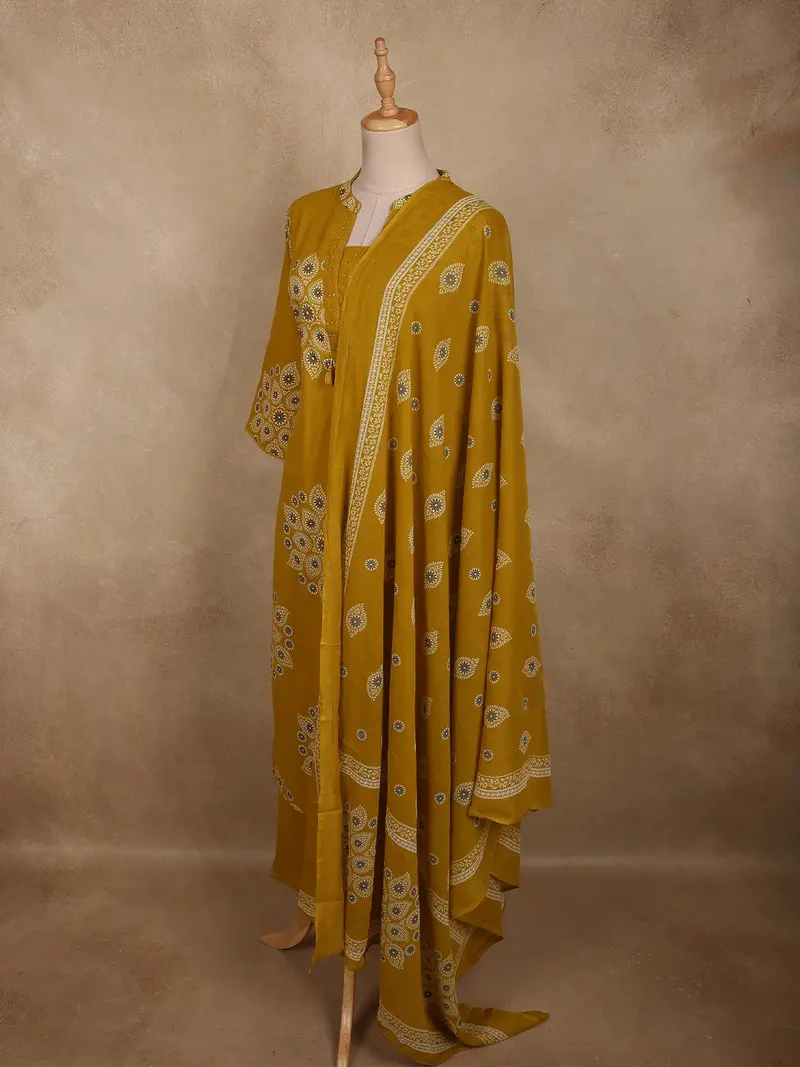 Warm Mustard Yellow Floral Printed Design Cotton Salwar Suit With Dupatta 3