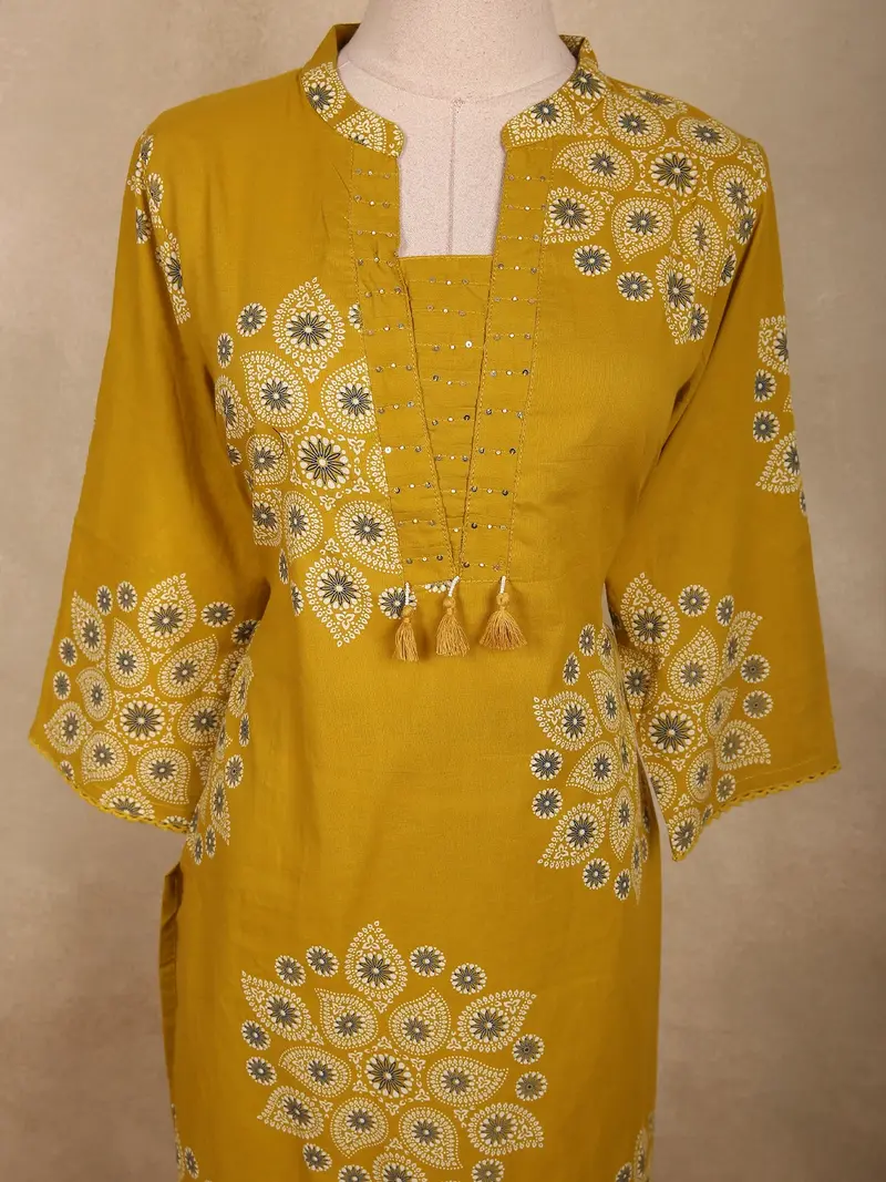 Warm Mustard Yellow Floral Printed Design Cotton Salwar Suit With Dupatta 4