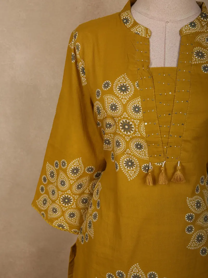 Warm Mustard Yellow Floral Printed Design Cotton Salwar Suit With Dupatta 5