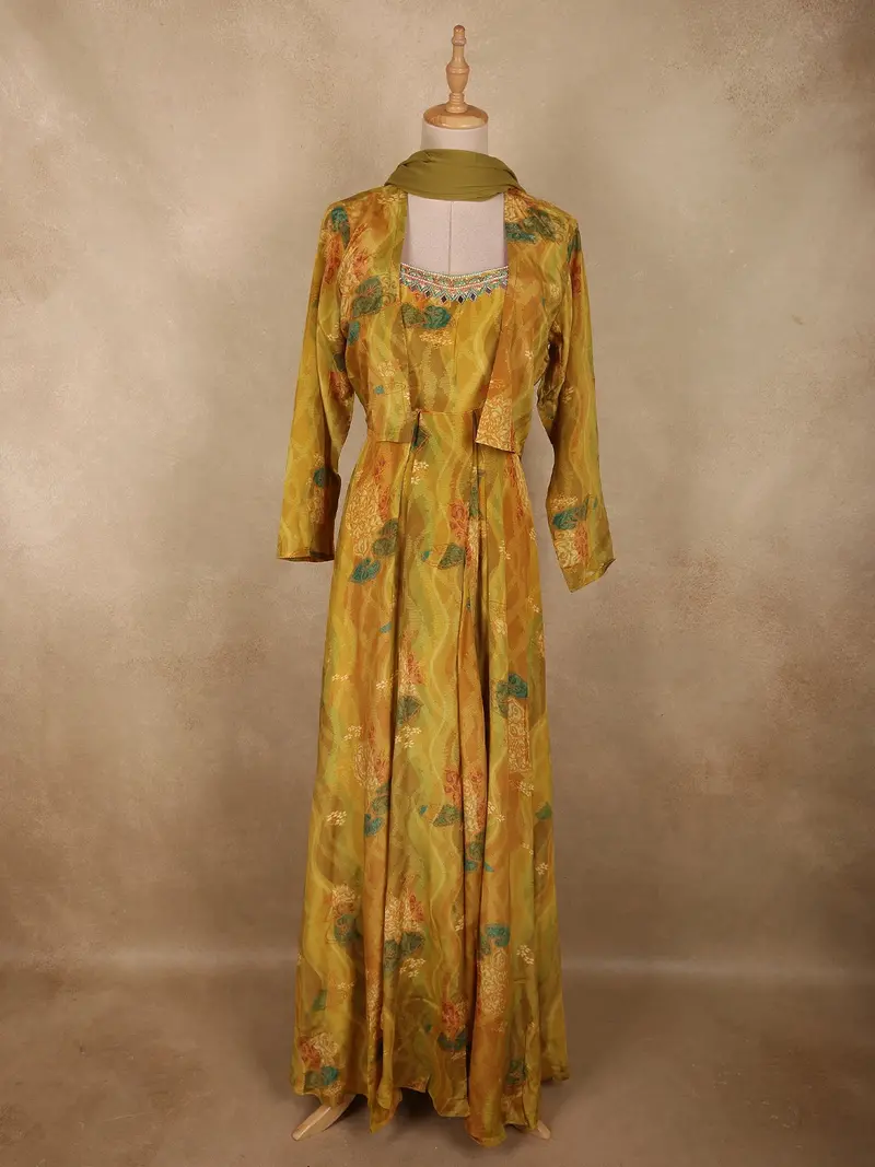 Warm Mustard Yellow Floral Printed Design Crepe Gown With Over Coat 1