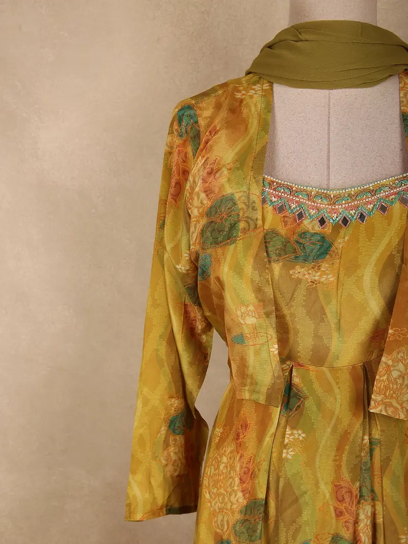 Warm Mustard Yellow Floral Printed Design Crepe Gown With Over Coat 2