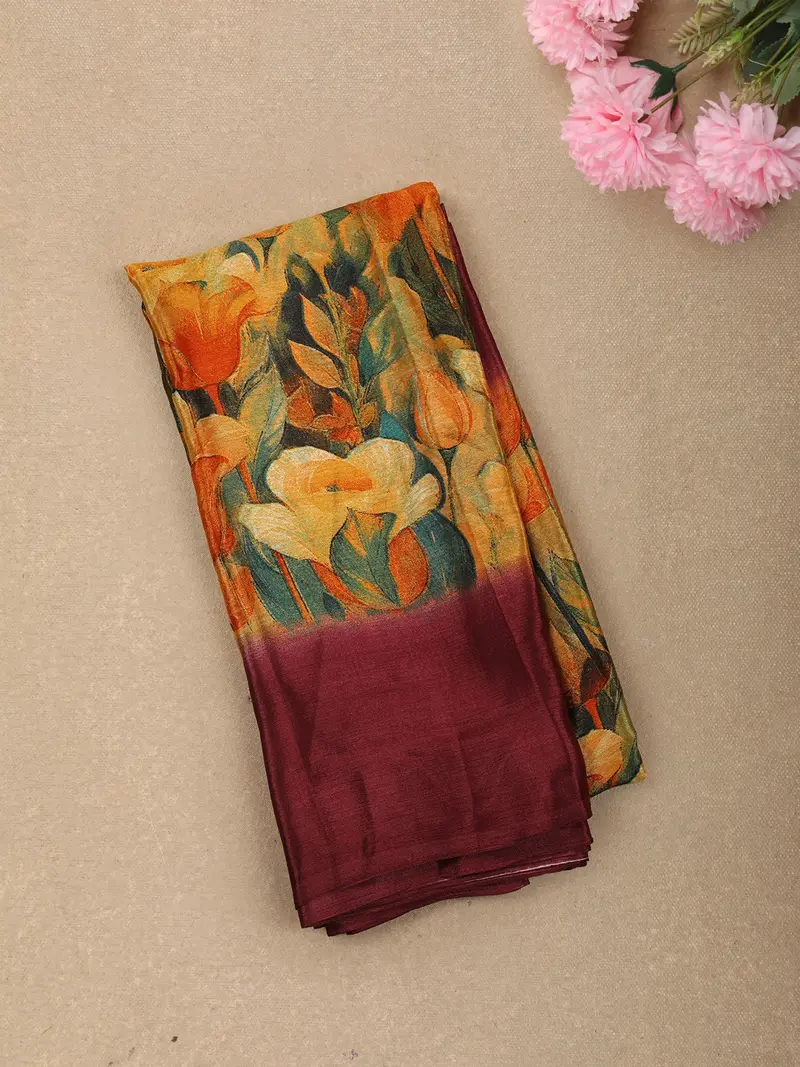Warm Mustard Yellow Floral Printed Design Crepe Silk Casual Wear Saree 1