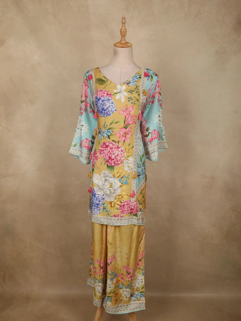 Warm Mustard Yellow Floral Printed Design Synthetic Palazzo Suit 1