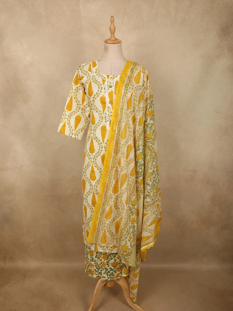 Warm Mustard Yellow Leaf Printed Design Cotton Straight Cut Salwar Suit With Dupatta 1