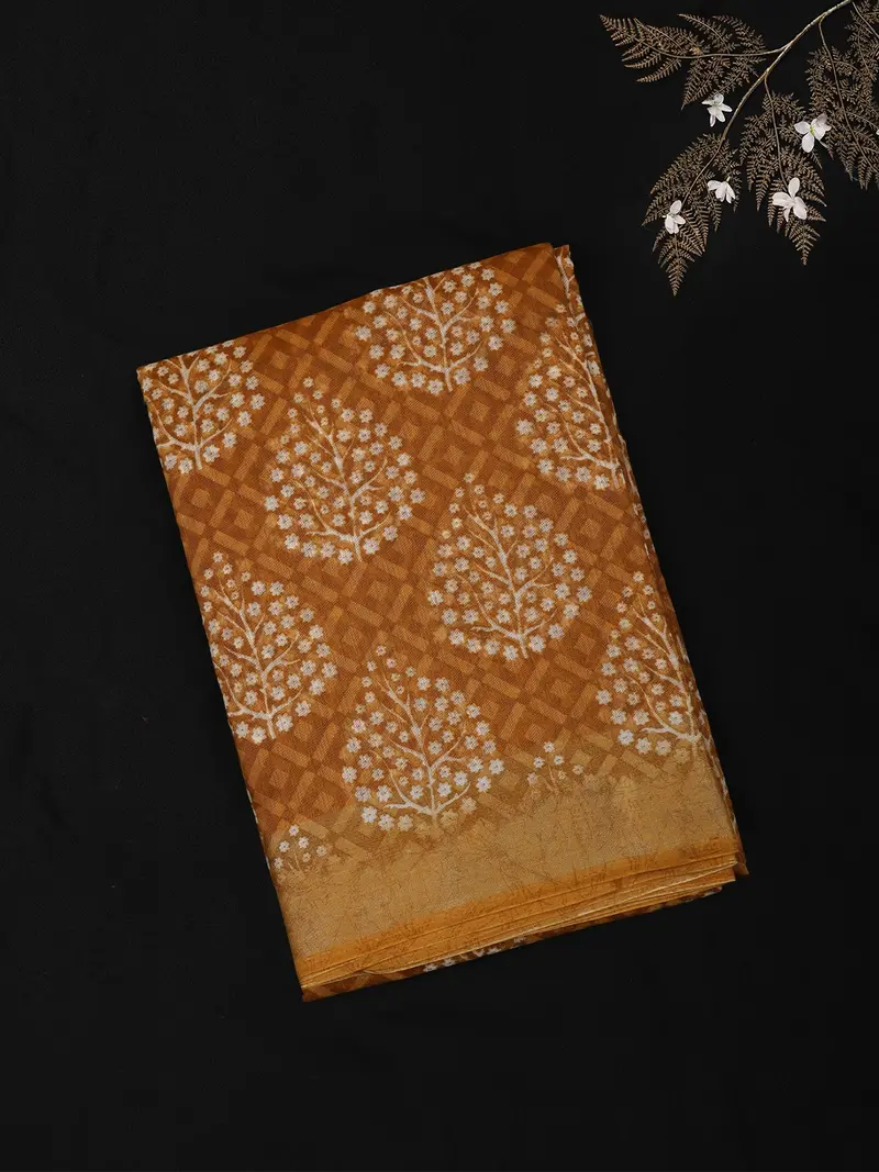 Warm Mustard Yellow Paisley Butta Printed Design Blended Cotton Saree 1