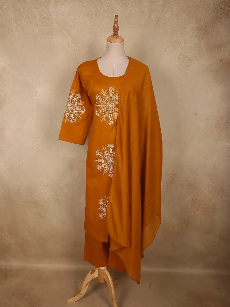 Warm Mustard Yellow Thread Embroidered Design Cotton Salwar Suit With Dupatta 1
