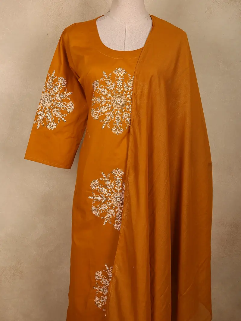 Warm Mustard Yellow Thread Embroidered Design Cotton Salwar Suit With Dupatta 2