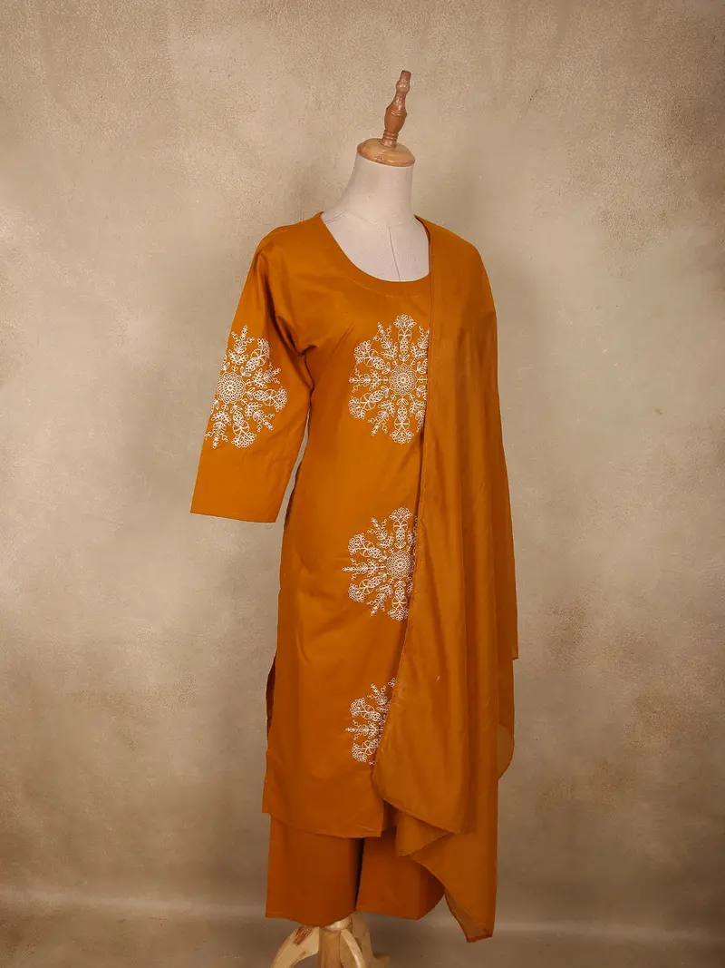 Warm Mustard Yellow Thread Embroidered Design Cotton Salwar Suit With Dupatta 3
