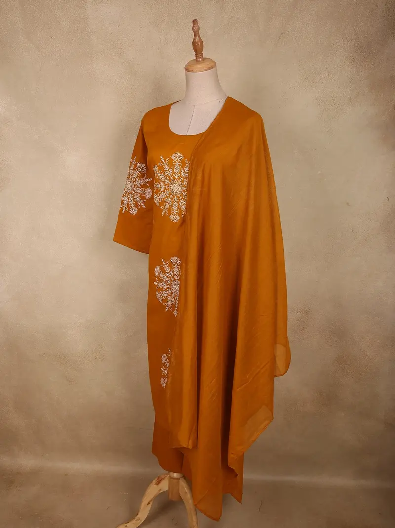 Warm Mustard Yellow Thread Embroidered Design Cotton Salwar Suit With Dupatta 4