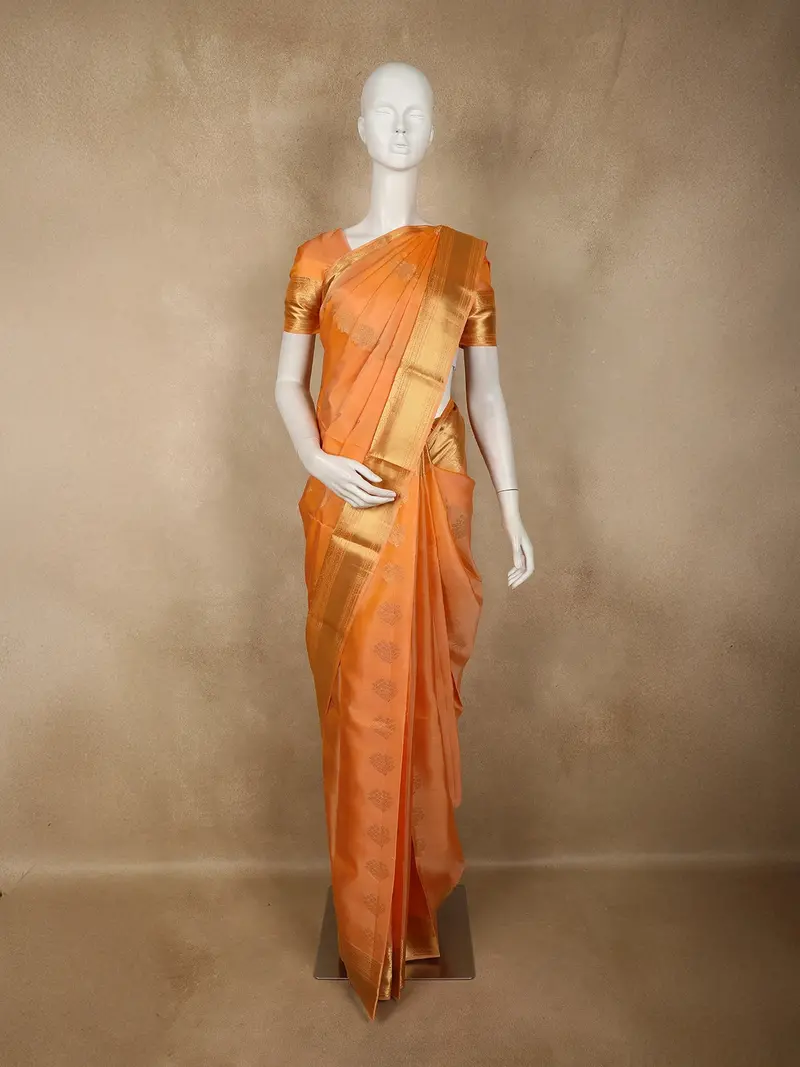 Warm Orange Floral Butta Woven Design Pure Kanchipuram Silk Saree 1