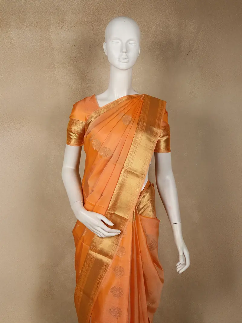 Warm Orange Floral Butta Woven Design Pure Kanchipuram Silk Saree 2