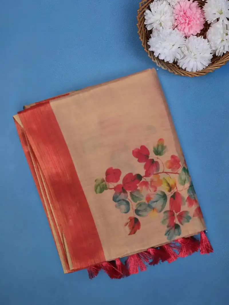 Warm Peach Floral Design Semi Tissue Saree 1