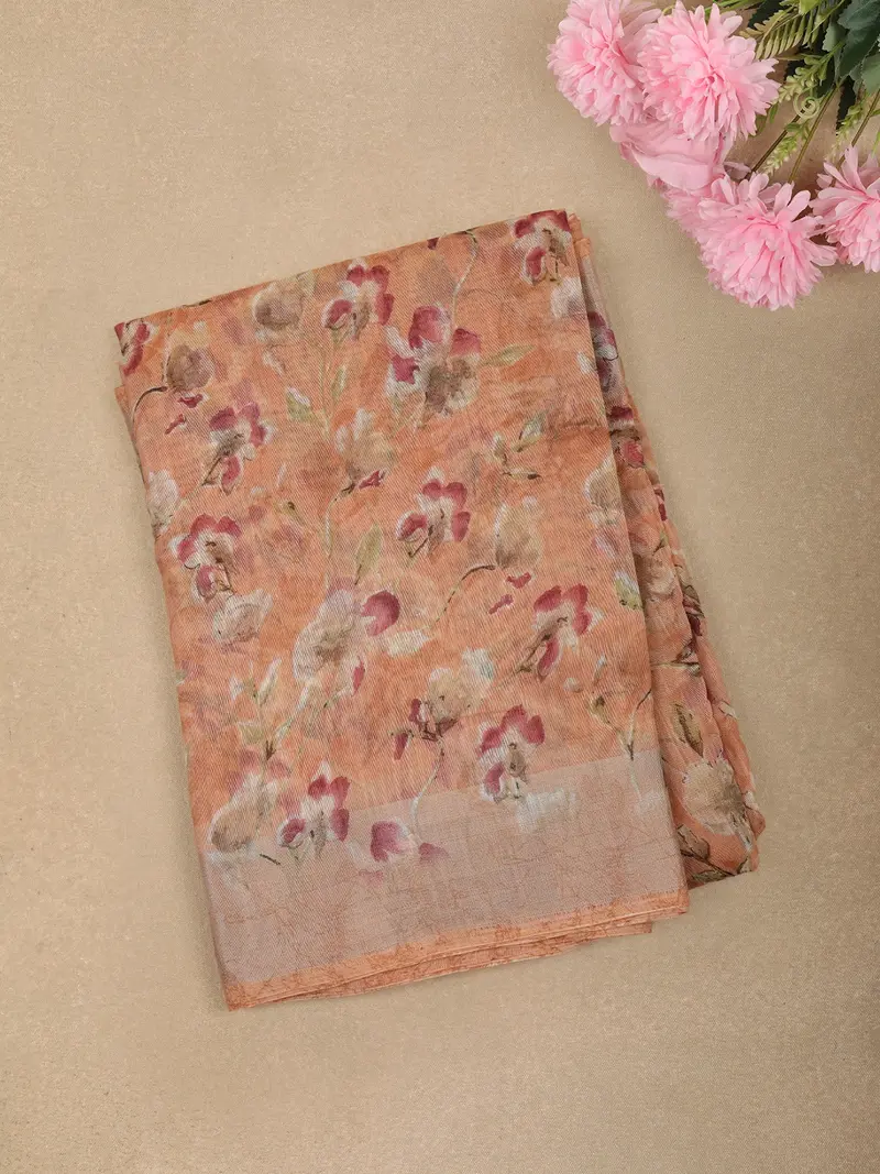 Warm Peach Floral Printed Design Linen Cotton Casual Wear Saree 1