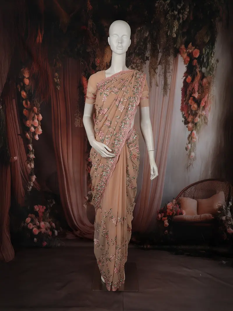 Warm Peach Floral Thread Embroidered Design Chiffon Fancy Saree 1