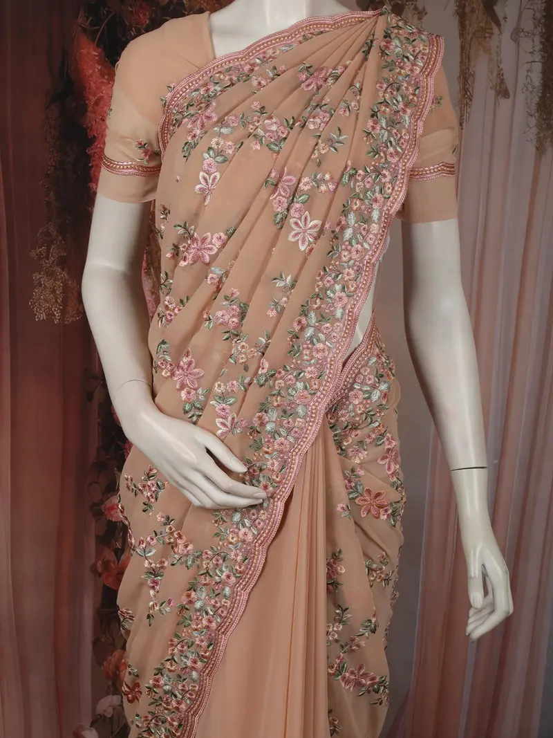Warm Peach Floral Thread Embroidered Design Chiffon Fancy Saree 2